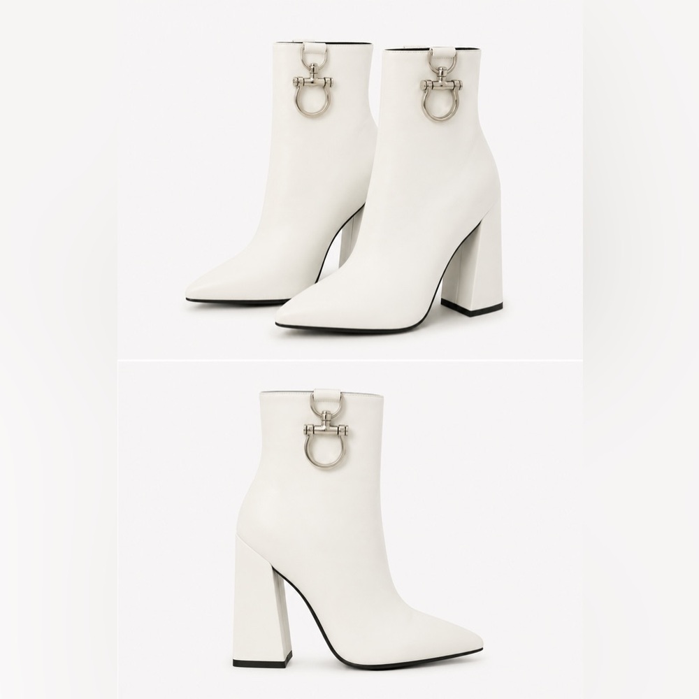 Public Desire White Block Heel Ankle Boots Horsebit Detail | Sz 7